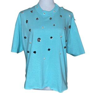 VINTAGE Switzer's Embellished Mock Neck T-Shirt XL Aqua Blue Rhinestones Pearls